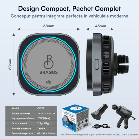 Incarcator Auto Wireless Magnetic, Incarcare Rapida 25W, Functie Racire Integrata, Fixare Puternica, Protocol QI2.2, Lumina Ambientala, Adaptor 45W Inclus, Tehnologie MagSafe, Suport Pentru Telefon [2]