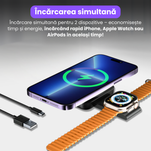 Incarcator Wireless 2 in 1, Incarcare Simultana 2 Dispozitive, Pliabil, Tehnologie MagSafe, Incarcare Duala, Magnet Puternic, Suport pentru Telefon, Compatibil iPhone, Apple Watch, AirPods, Negru [2]