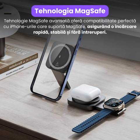 Incarcator Wireless 2 in 1, Incarcare Simultana 2 Dispozitive, Pliabil, Tehnologie MagSafe, Incarcare Duala, Magnet Puternic, Suport pentru Telefon, Compatibil iPhone, Apple Watch, AirPods, Negru [3]