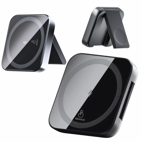 Accesorii IT & C - Incarcator Wireless 2 in 1, Incarcare Simultana 2 Dispozitive, Pliabil, Tehnologie MagSafe, Incarcare Duala, Magnet Puternic, Suport pentru Telefon, Compatibil iPhone, Apple Watch, AirPods, Negru