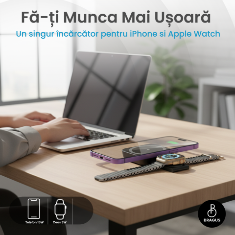 Incarcator Wireless 2 in 1, Incarcare Simultana 2 Dispozitive, Pliabil, Tehnologie MagSafe, Incarcare Duala, Magnet Puternic, Suport pentru Telefon, Compatibil iPhone, Apple Watch, AirPods, Negru [7]