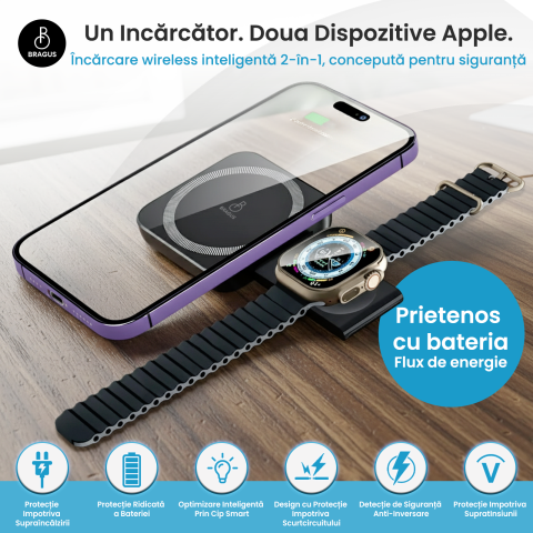 Incarcator Wireless 2 in 1, Incarcare Simultana 2 Dispozitive, Pliabil, Tehnologie MagSafe, Incarcare Duala, Magnet Puternic, Suport pentru Telefon, Compatibil iPhone, Apple Watch, AirPods, Negru [1]
