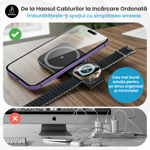 Incarcator Wireless 2 in 1, Incarcare Simultana 2 Dispozitive, Pliabil, Tehnologie MagSafe, Incarcare Duala, Magnet Puternic, Suport pentru Telefon, Compatibil iPhone, Apple Watch, AirPods, Negru [6]