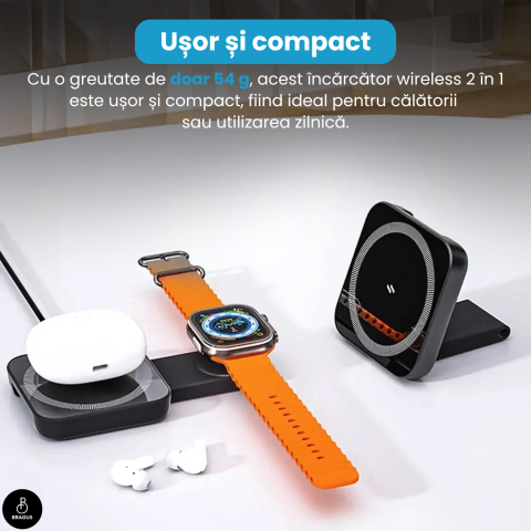 Incarcator Wireless 2 in 1, Incarcare Simultana 2 Dispozitive, Pliabil, Tehnologie MagSafe, Incarcare Duala, Magnet Puternic, Suport pentru Telefon, Compatibil iPhone, Apple Watch, AirPods, Negru [13]