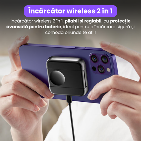 Incarcator Wireless 2 in 1, Incarcare Simultana 2 Dispozitive, Pliabil, Tehnologie MagSafe, Incarcare Duala, Magnet Puternic, Suport pentru Telefon, Compatibil iPhone, Apple Watch, AirPods, Negru [1]