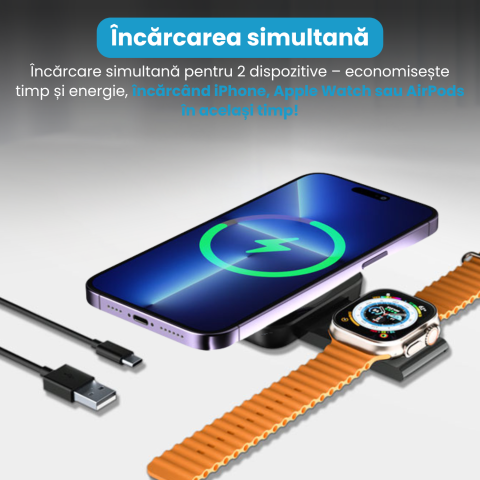Incarcator Wireless 2 in 1, Incarcare Simultana 2 Dispozitive, Pliabil, Tehnologie MagSafe, Incarcare Duala, Magnet Puternic, Suport pentru Telefon, Compatibil iPhone, Apple Watch, AirPods, Negru [9]