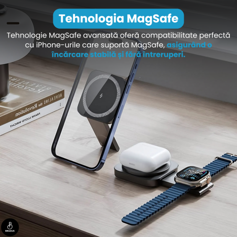 Incarcator Wireless 2 in 1, Incarcare Simultana 2 Dispozitive, Pliabil, Tehnologie MagSafe, Incarcare Duala, Magnet Puternic, Suport pentru Telefon, Compatibil iPhone, Apple Watch, AirPods, Negru [10]