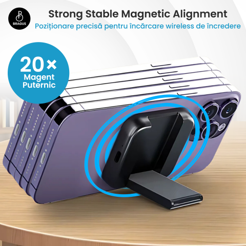 Incarcator Wireless 2 in 1, Incarcare Simultana 2 Dispozitive, Pliabil, Tehnologie MagSafe, Incarcare Duala, Magnet Puternic, Suport pentru Telefon, Compatibil iPhone, Apple Watch, AirPods, Negru [4]