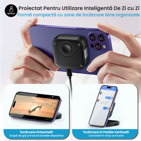 Incarcator Wireless 3 in 1, BRAGUS, Incarcare Simultana 3 Dispozitive, Incarcator Telefon Portabil, Tehnologie MagSafe, Reglabil, Incarcator Multiport Wireless, Compatibil iPhone, Apple Watch, AirPods [2]