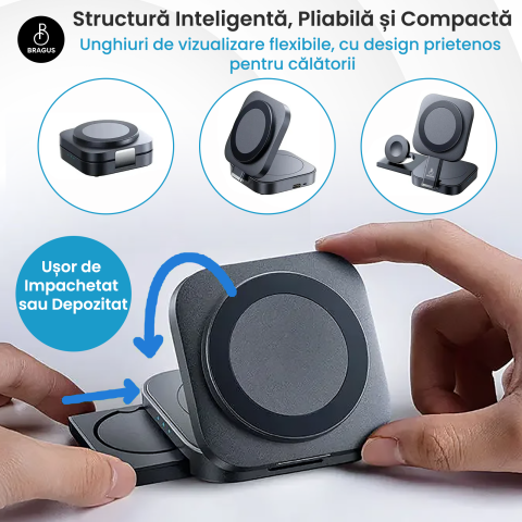 Incarcator Wireless 3 in 1, BRAGUS, Incarcare Simultana 3 Dispozitive, Incarcator Telefon Portabil, Tehnologie MagSafe, Reglabil, Incarcator Multiport Wireless, Compatibil iPhone, Apple Watch, AirPods [5]