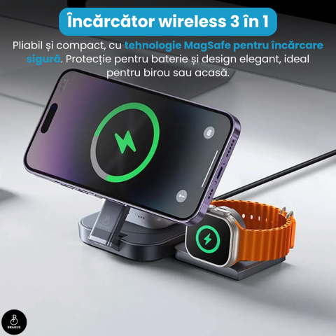 Incarcator Wireless 3 in 1, BRAGUS, Incarcare Simultana 3 Dispozitive, Incarcator Telefon Portabil, Tehnologie MagSafe, Reglabil, Incarcator Multiport Wireless, Compatibil iPhone, Apple Watch, AirPods [8]