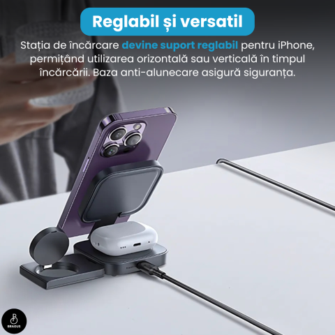 Incarcator Wireless 3 in 1, BRAGUS, Incarcare Simultana 3 Dispozitive, Incarcator Telefon Portabil, Tehnologie MagSafe, Reglabil, Incarcator Multiport Wireless, Compatibil iPhone, Apple Watch, AirPods [13]