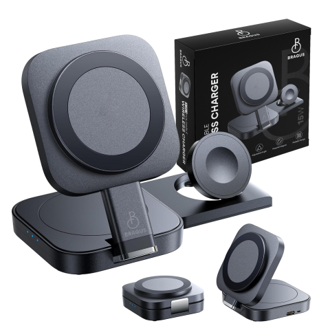 Accesorii IT & C - Incarcator Wireless 3 in 1, BRAGUS, Incarcare Simultana 3 Dispozitive, Incarcator Telefon Portabil, Tehnologie MagSafe, Reglabil, Incarcator Multiport Wireless, Compatibil iPhone, Apple Watch, AirPods