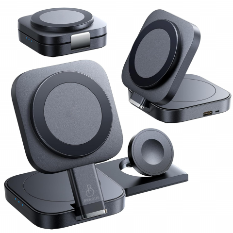 Accesorii IT & C - Incarcator Wireless 3 in 1, BRAGUS, Incarcare Simultana 3 Dispozitive, Incarcator Telefon Portabil, Tehnologie MagSafe, Reglabil, Incarcator Multiport Wireless, Compatibil iPhone, Apple Watch, AirPods