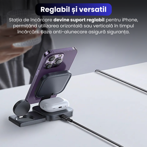 Incarcator Wireless 3 in 1, BRAGUS, Incarcare Simultana 3 Dispozitive, Incarcator Telefon Portabil, Tehnologie MagSafe, Reglabil, Incarcator Multiport Wireless, Compatibil iPhone, Apple Watch, AirPods [6]
