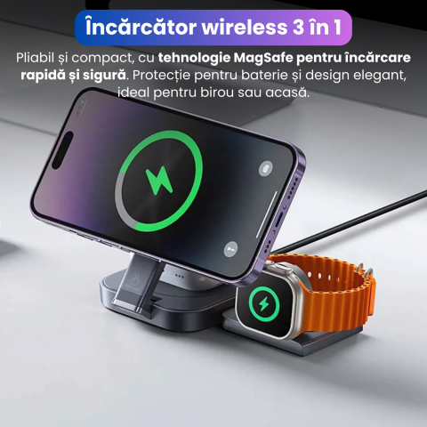 Incarcator Wireless 3 in 1, BRAGUS, Incarcare Simultana 3 Dispozitive, Incarcator Telefon Portabil, Tehnologie MagSafe, Reglabil, Incarcator Multiport Wireless, Compatibil iPhone, Apple Watch, AirPods [1]