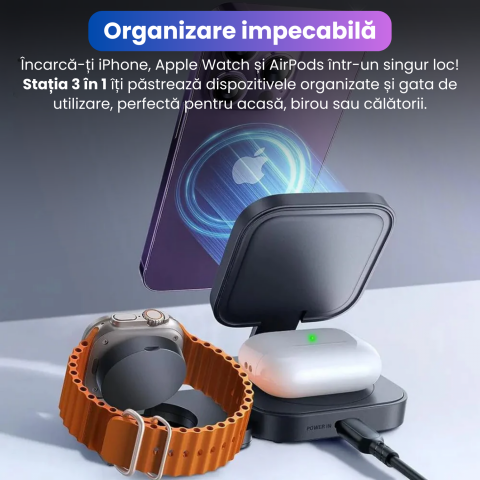 Incarcator Wireless 3 in 1, BRAGUS, Incarcare Simultana 3 Dispozitive, Incarcator Telefon Portabil, Tehnologie MagSafe, Reglabil, Incarcator Multiport Wireless, Compatibil iPhone, Apple Watch, AirPods [2]