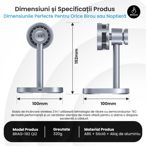 Incarcator Wireless 3 in 1, Incarcare Simultana 3 Dispozitive, Functie Racire Integrata, Tehnologie MagSafe, Protejeaza Bateria, Fast Charge 15W, QI2, Incarcator Multiport Wireless, Compatibil Apple [2]