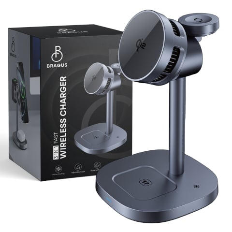 Incarcatoare Telefoane - Incarcator Wireless 3 in 1, Incarcare Simultana 3 Dispozitive, Functie Racire Integrata, Tehnologie MagSafe, Protejeaza Bateria, Fast Charge 15W, QI2, Incarcator Multiport Wireless, Compatibil Apple