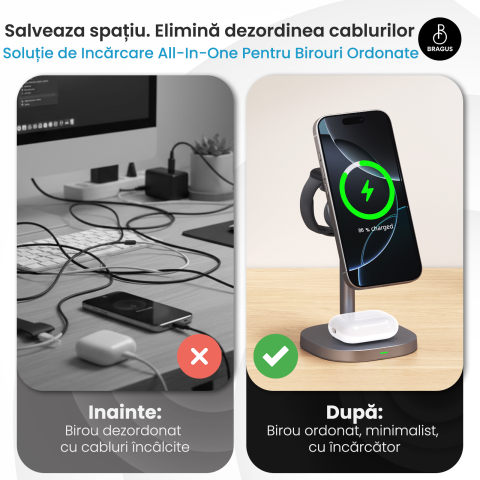 Incarcator Wireless 3 in 1, Incarcare Simultana 3 Dispozitive, Functie Racire Integrata, Tehnologie MagSafe, Protejeaza Bateria, Fast Charge 15W, QI2, Incarcator Multiport Wireless, Compatibil Apple [6]