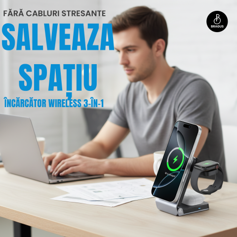 Incarcator Wireless 3 in 1, Incarcare Simultana 3 Dispozitive, Fast Charge 15W, Functie Racire Integrata, Tehnologie MagSafe, Protejeaza Bateria, QI2, Pliabil, Compact, Portabil, Compatibil Apple [7]