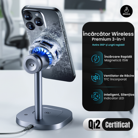 Incarcator Wireless 3 in 1, Incarcare Simultana 3 Dispozitive, Functie Racire Integrata, Tehnologie MagSafe, Protejeaza Bateria, Fast Charge 15W, QI2, Incarcator Multiport Wireless, Compatibil Apple [1]