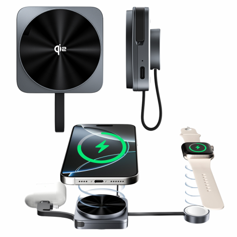 Accesorii IT & C - Incarcator Wireless 3 in 1, Incarcare Simultana 3 Dispozitive, Incarcator Telefon Portabil, Tehnologie MagSafe, Incarcare Rapida 15W, Incarcator Wireless, Compatibil iPhone, Apple Watch, AirPods, Gri