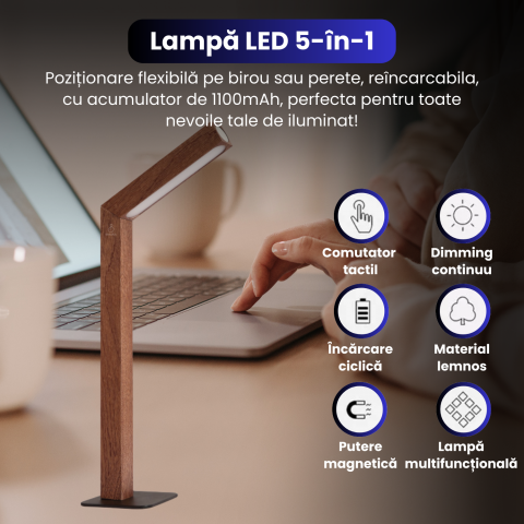 Lampa LED de birou BRAGUS, cu magnet, unghi 360° ajustabil, comutator tactil, 3 trepte de lumina, acumulator 1100 mAh, reincarcabila prin USB, lemn masiv [1]