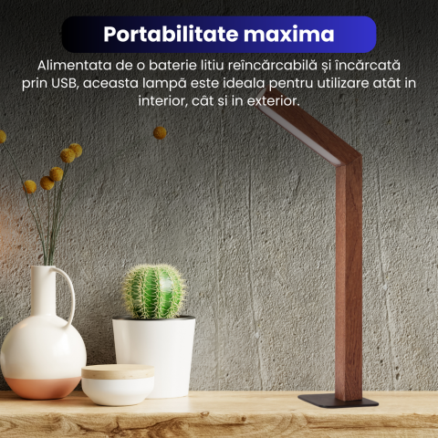 Lampa LED de birou BRAGUS, cu magnet, unghi 360° ajustabil, comutator tactil, 3 trepte de lumina, acumulator 1100 mAh, reincarcabila prin USB, lemn masiv [6]