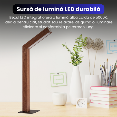 Lampa LED de birou BRAGUS, cu magnet, unghi 360° ajustabil, comutator tactil, 3 trepte de lumina, acumulator 1100 mAh, reincarcabila prin USB, lemn masiv [4]