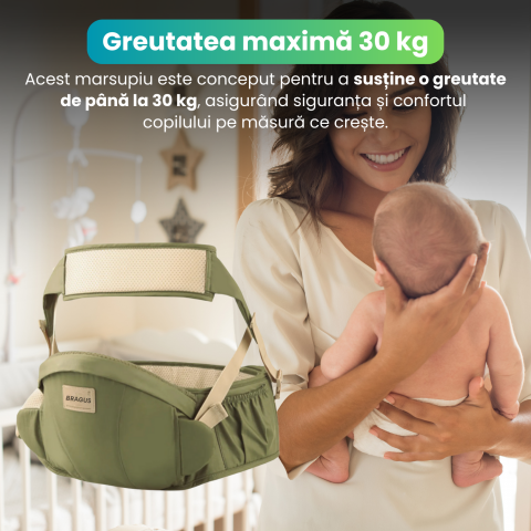 Marsupiu Bebelusi, BRAGUS, Port-Bebe Multifunctional, Tip Centura cu Scaunel, Suport Corect Bebelusi, Reglabil, Buzunare pentru Depozitare, Ergonomic, Materiale de Calitate, Greutate Maxima 15 kg [4]