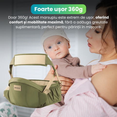 Marsupiu Bebelusi, BRAGUS, Port-Bebe Multifunctional, Tip Centura cu Scaunel, Suport Corect Bebelusi, Reglabil, Buzunare pentru Depozitare, Ergonomic, Materiale de Calitate, Greutate Maxima 15 kg [2]