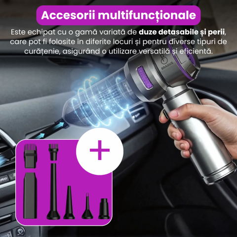 Mini Aspirator Auto Portabil, 16000 PA, Baterie 6000mAh, 100W, 90000RPM, Autonomie 30min, Aspirare, Suflare, Vacuum, 3 Viteze, 9 Accesorii, 3 Filtre HEPA Reutilizabile, Pentru Masina si Casa [4]