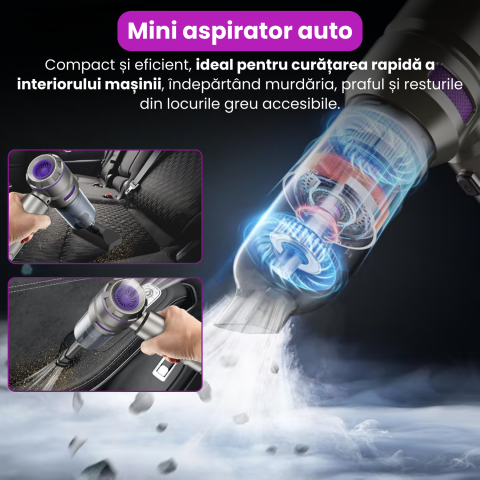 Mini Aspirator Auto Portabil, 16000 PA, Baterie 6000mAh, 100W, 90000RPM, Autonomie 30min, Aspirare, Suflare, Vacuum, 3 Viteze, 9 Accesorii, 3 Filtre HEPA Reutilizabile, Pentru Masina si Casa [1]