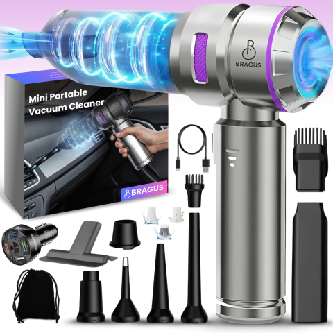 Aspiratoare si Accesorii Auto - Mini Aspirator Auto Portabil, 16000 PA, Baterie 6000mAh, 100W, 90000RPM, Autonomie 30min, Aspirare, Suflare, Vacuum, 3 Viteze, 9 Accesorii, 3 Filtre HEPA Reutilizabile, Pentru Masina si Casa