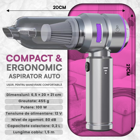 Mini Aspirator Auto Portabil, 16000 PA, Baterie 6000mAh, 100W, 90000RPM, Autonomie 30min, Aspirare, Suflare, Vacuum, 3 Viteze, 9 Accesorii, 3 Filtre HEPA Reutilizabile, Pentru Masina si Casa [4]