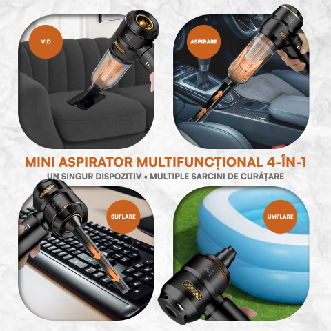 Mini Aspirator Auto Portabil, 16000 PA, Baterie 6000mAh, 100W, 90000RPM, Autonomie 30min, Aspirare, Suflare, Vacuum, 3 Viteze, 9 Accesorii, 3 Filtre HEPA Reutilizabile, Pentru Masina si Casa [6]