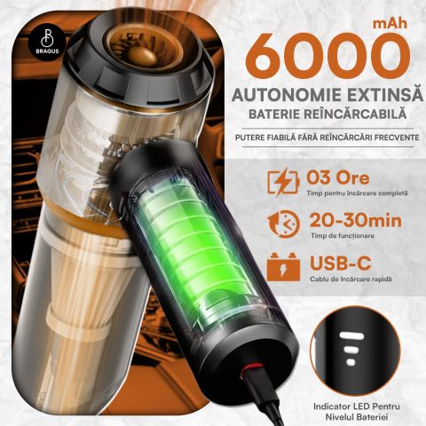 Mini Aspirator Auto Portabil, 16000 PA, Baterie 6000mAh, 100W, 90000RPM, Autonomie 30min, Aspirare, Suflare, Vacuum, 3 Viteze, 9 Accesorii, 3 Filtre HEPA Reutilizabile, Pentru Masina si Casa [5]
