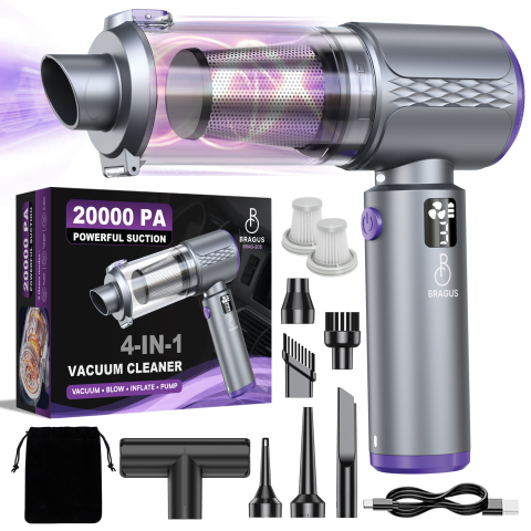 Aspiratoare si Accesorii Auto - Mini Aspirator Auto Portabil, 20000 PA, Baterie 6000mAh, 130W, 110000RPM, Autonomie pana la 42min, Lumina LED, Aspirare, Suflare, Vacuum, 3 Viteze, 7 Accesorii, Lumina LED, 2 Filtre HEPA, Pentru Masin