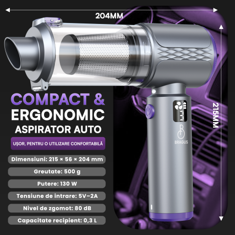 Mini Aspirator Auto Portabil, 20000 PA, Baterie 6000mAh, 130W, 110000RPM, Autonomie pana la 42min, Lumina LED, Aspirare, Suflare, Vacuum, 3 Viteze, 7 Accesorii, Lumina LED, 2 Filtre HEPA, Pentru Masin [4]