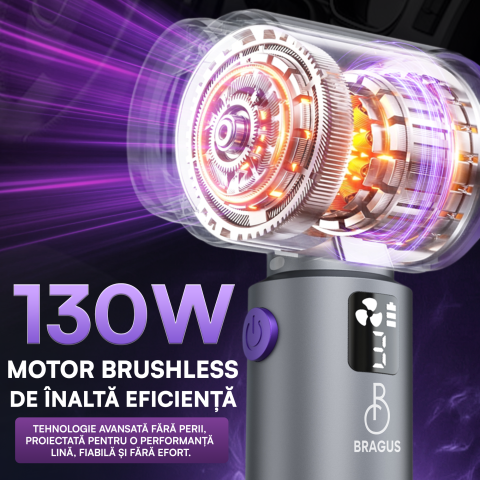 Mini Aspirator Auto Portabil, 20000 PA, Baterie 6000mAh, 130W, 110000RPM, Autonomie pana la 42min, Lumina LED, Aspirare, Suflare, Vacuum, 3 Viteze, 7 Accesorii, Lumina LED, 2 Filtre HEPA, Pentru Masin [3]