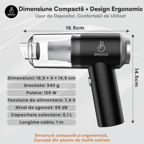 Mini Aspirator Auto Portabil, Acumulator 2400mAh, 9000Pa, 120W, Autonomie 30min, 2 in 1 Aspirare Suflare, Vidare, Umflare, LED, Filtru HEPA, 3 Filtre Incluse, pentru Masina si Casa, Incarcare USB [3]