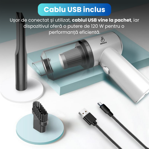 Mini Aspirator Auto Portabil, Acumulator 2400mAh, 9000Pa, 120W, Autonomie 30min, 2 in 1 Aspirare Suflare, Vidare, Umflare, LED, Filtru HEPA, 3 Filtre Incluse, pentru Masina si Casa, Incarcare USB [10]