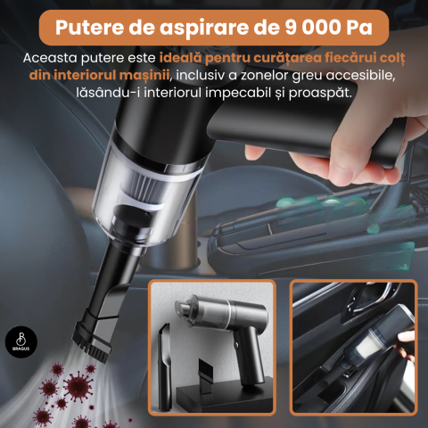 Mini Aspirator Auto Portabil, Acumulator 2400mAh, 9000Pa, 120W, Autonomie 30min, 2 in 1 Aspirare Suflare, Vidare, Umflare, LED, Filtru HEPA, 3 Filtre Incluse, pentru Masina si Casa, Incarcare USB [10]