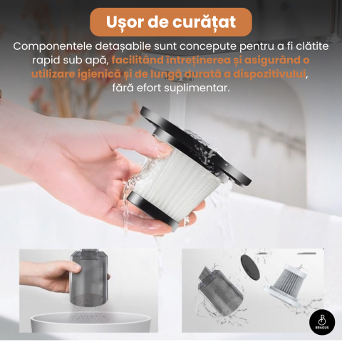 Mini Aspirator Auto Portabil, Acumulator 2400mAh, 9000Pa, 120W, Autonomie 30min, 2 in 1 Aspirare Suflare, Vidare, Umflare, LED, Filtru HEPA, 3 Filtre Incluse, pentru Masina si Casa, Incarcare USB [9]