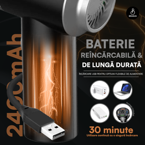 Mini Aspirator Auto Portabil, Acumulator 2400mAh, 9000Pa, 120W, Autonomie 30min, 2 in 1 Aspirare Suflare, Vidare, Umflare, LED, Filtru HEPA, 3 Filtre Incluse, pentru Masina si Casa, Incarcare USB [4]