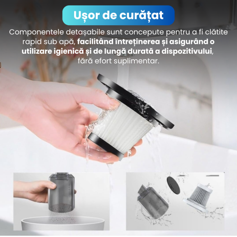 Mini Aspirator Auto Portabil, Acumulator 2400mAh, 9000Pa, 120W, Autonomie 30min, 2 in 1 Aspirare Suflare, Vidare, Umflare, LED, Filtru HEPA, 3 Filtre Incluse, pentru Masina si Casa, Incarcare USB [8]