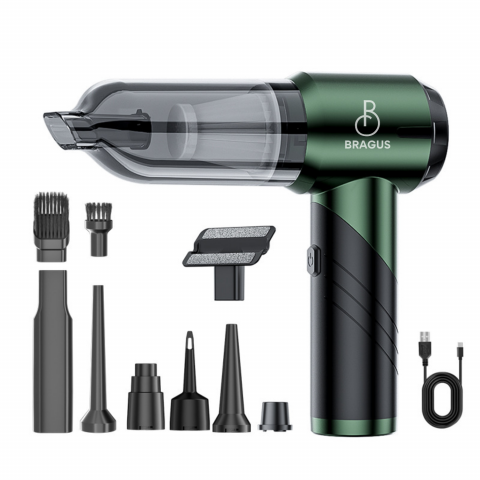 Aspiratoare si Accesorii Auto - Mini Aspirator Portabil, BRAGUS, Pliabil, 16000Pa, 100W, Baterie 6000mAh, Autonomie 30min, 2in1 Aspirare si Suflare, Vidare, Umflare, 9 Accesorii, 3 Viteze, Filtru HEPA Reutilizabil, 3 Filtre