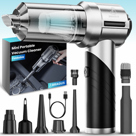 Mini Aspirator Portabil, BRAGUS, Pliabil, 15000Pa, 100W, Baterie 6000mAh, Autonomie 30min, 2in1 Aspirare si Suflare, Vidare, Umflare, 8 Accesorii, 3 Viteze, Filtru HEPA Reutilizabil, 3 Filtre Incluse [0]