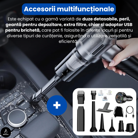 Mini Aspirator Portabil, BRAGUS, Pliabil, 15000Pa, 100W, Baterie 6000mAh, Autonomie 30min, 2in1 Aspirare si Suflare, Vidare, Umflare, 8 Accesorii, 3 Viteze, Filtru HEPA Reutilizabil, 3 Filtre Incluse [11]